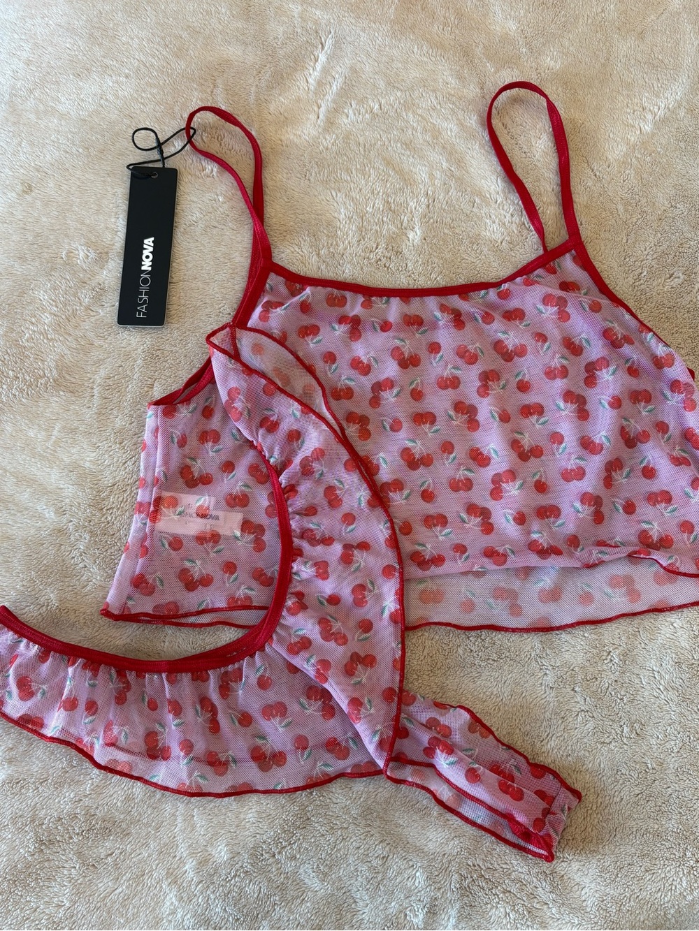 Fashion Nova Red Cherry-Print Sheer Mesh Cami Set